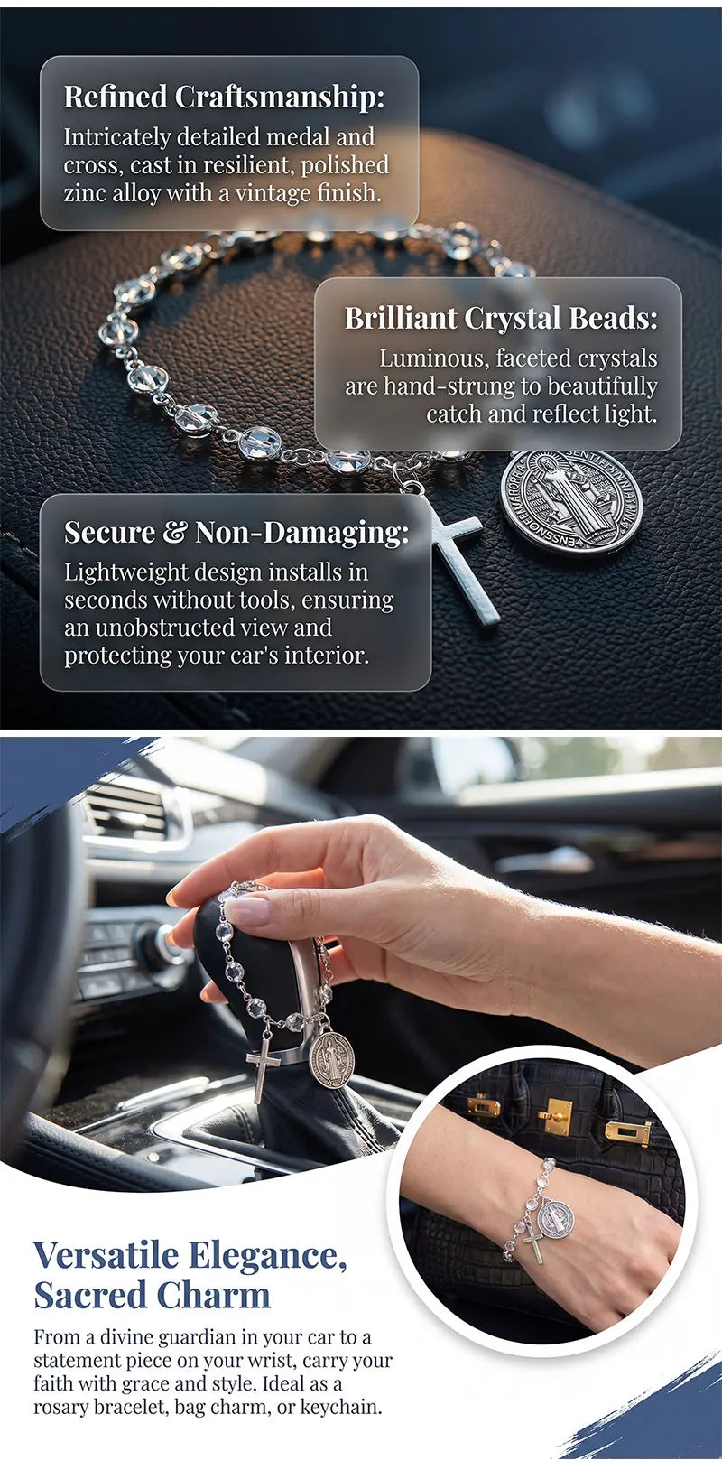 Catholic Rosary Car Accessory – St. Benedict Medal & Cross Pendant