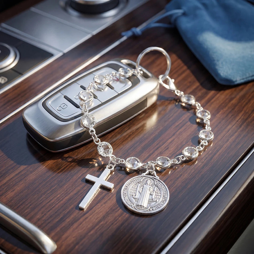 Catholic Rosary Car Accessory – St. Benedict Medal & Cross Pendant
