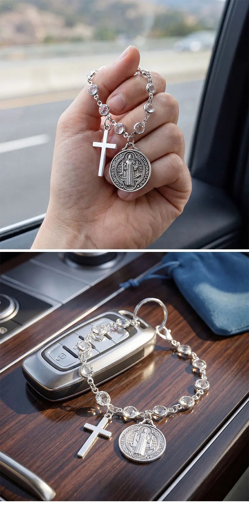 Catholic Rosary Car Accessory – St. Benedict Medal & Cross Pendant