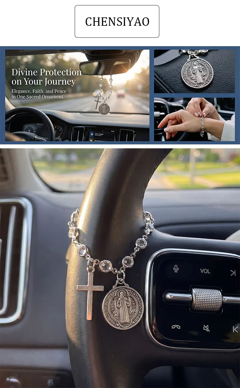 Catholic Rosary Car Accessory – St. Benedict Medal & Cross Pendant
