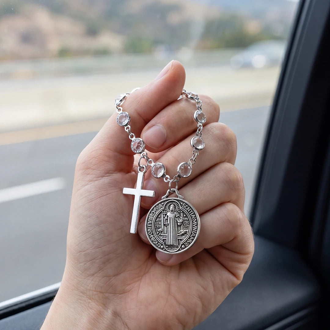 Catholic Rosary Car Accessory – St. Benedict Medal & Cross Pendant